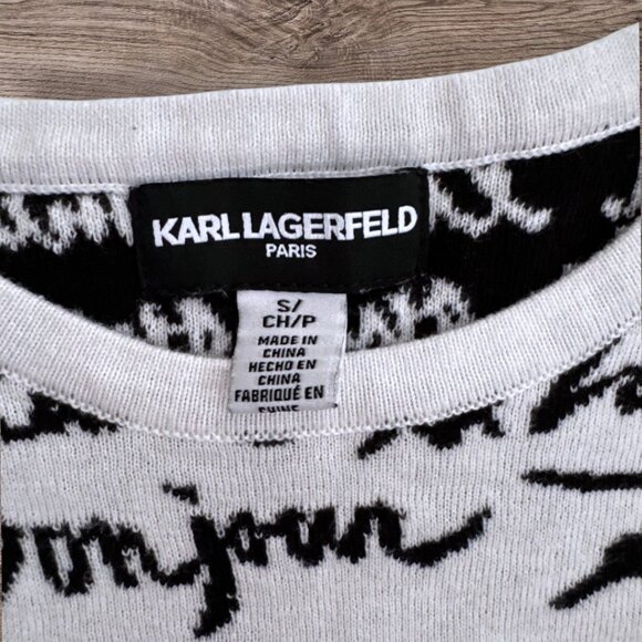 KARL LAGERFELD Black White Script French Paris Phrases Sweater Bonjour Women's S - Picture 2 of 5